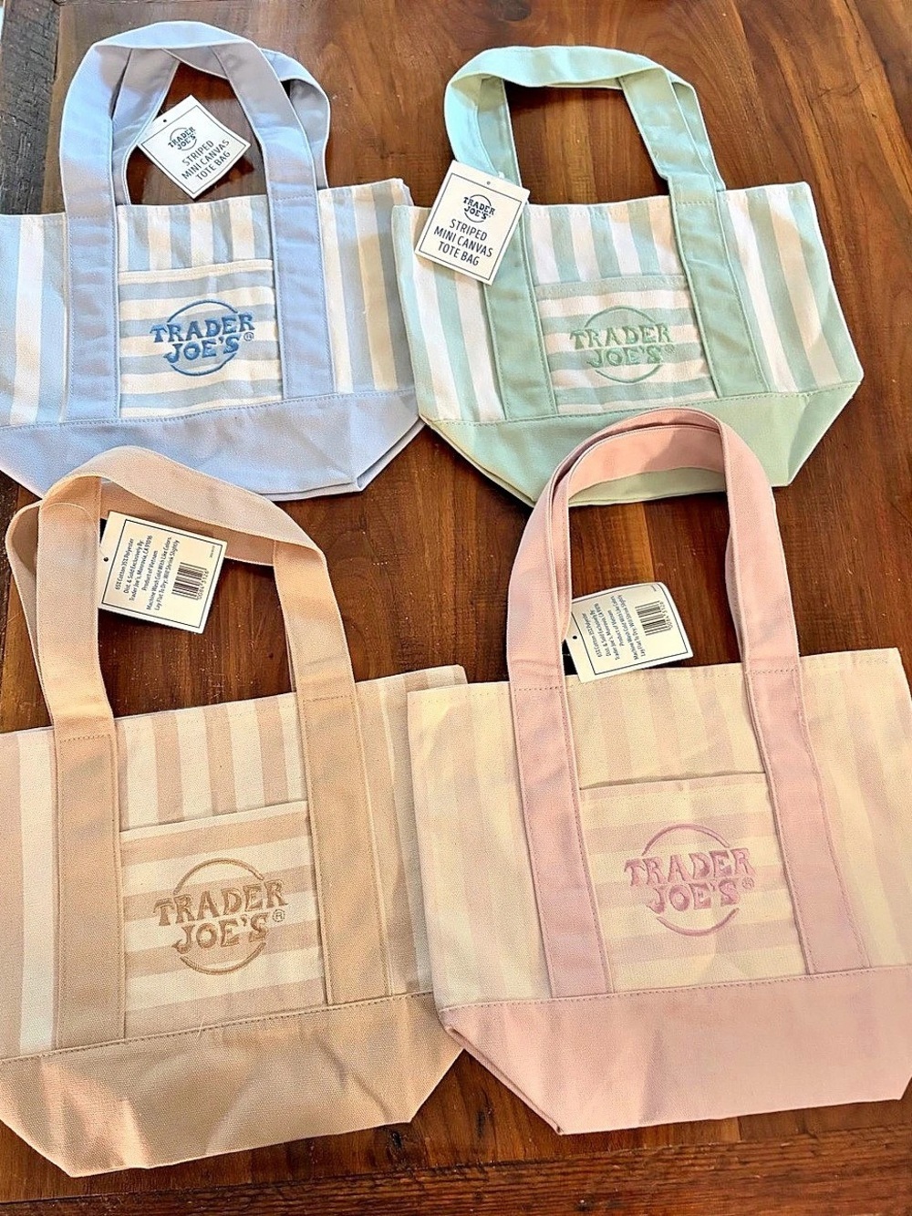 Trader Joe's Striped Mini Canvas Mini Tote Bag Set of 4 Pink, Blue, Tan & Mint